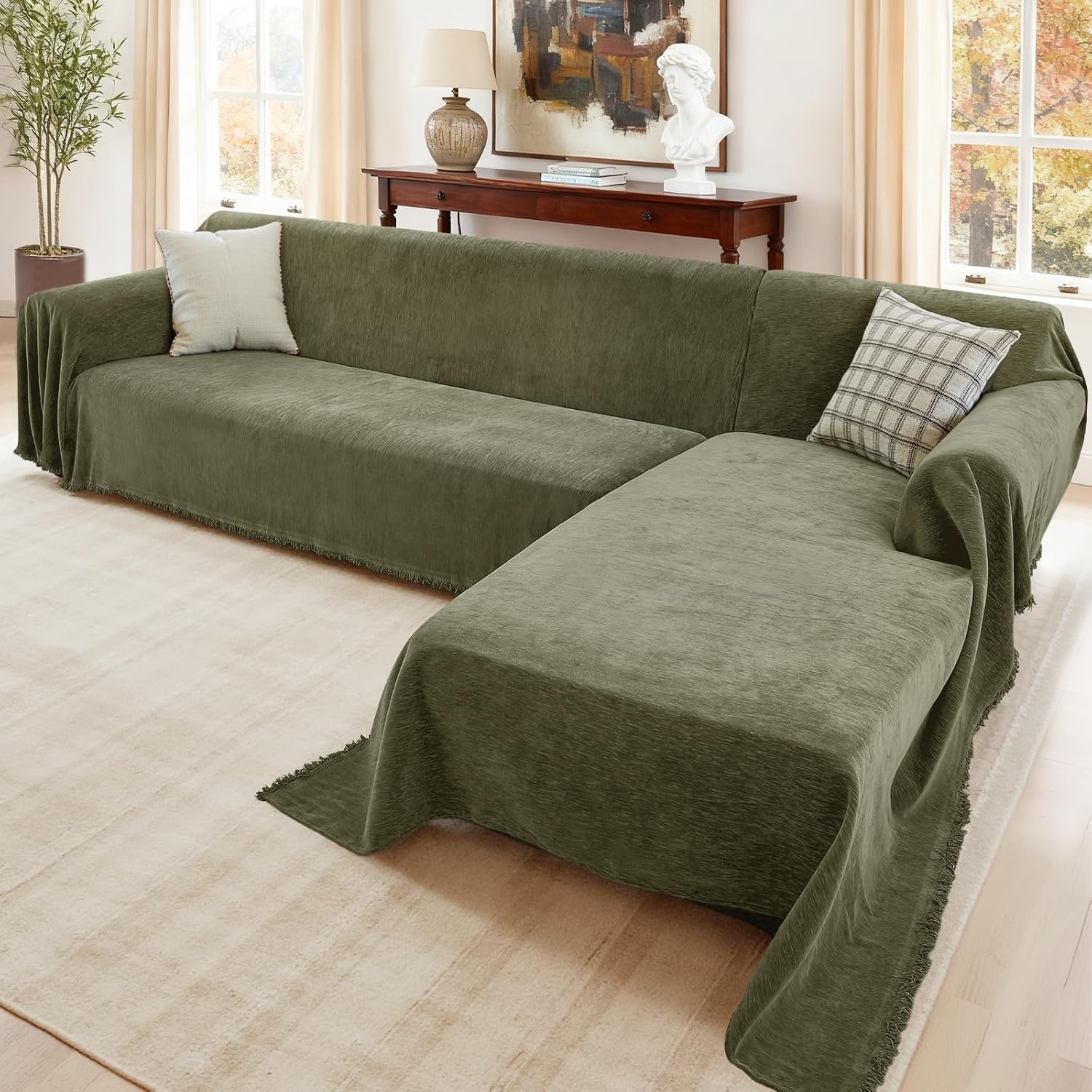 Sectional Couch Covers, 2 Pieces Washable L Shaped Couch Covers Sofa Blanket for Dogs Pet Friendly Sectional Sofa Slipcovers Furniture Covers,71x 118+ 71x 118,(XX-Large,Green)