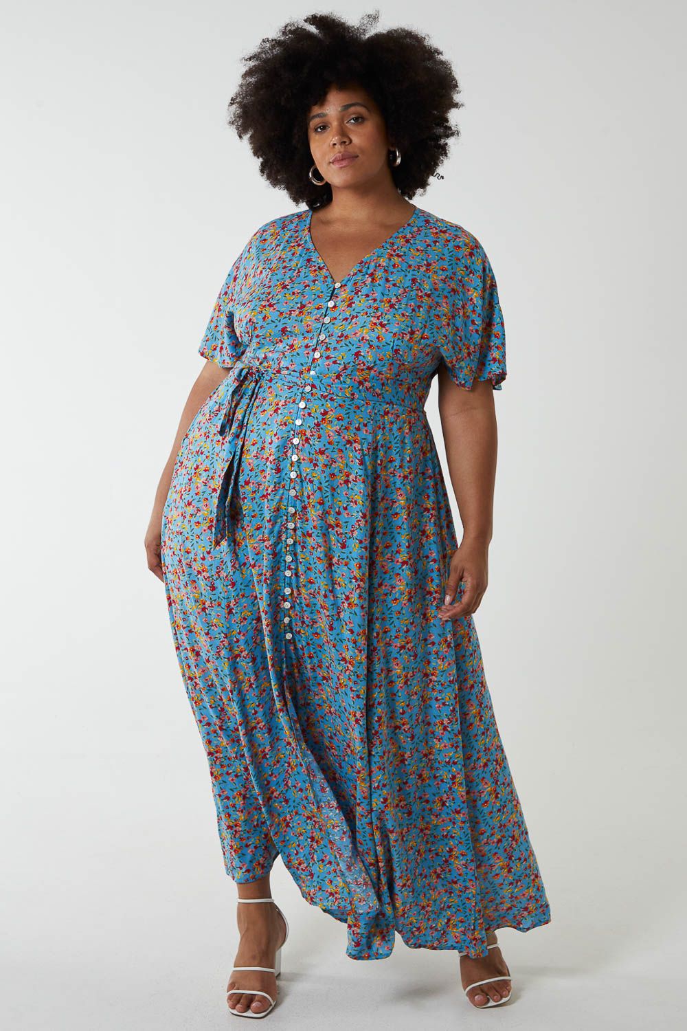 Blue Vanilla Curve Button Through Maxi Dress