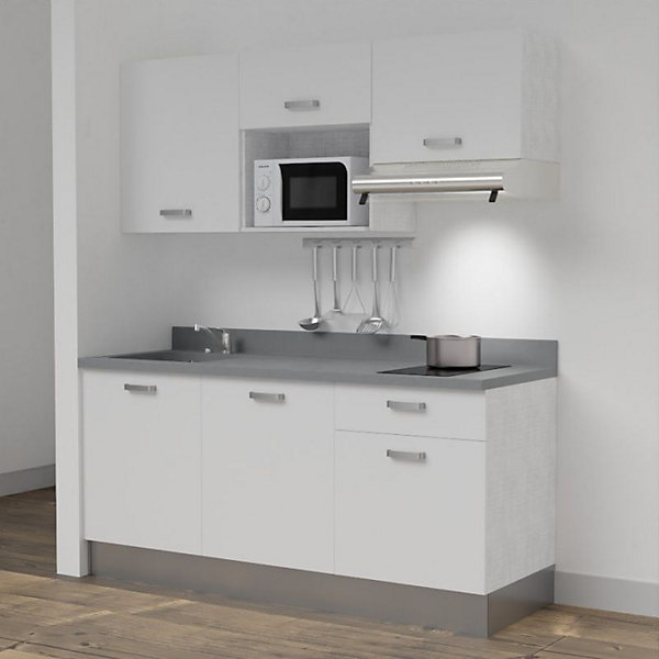 Kitchenette K30 - 180 cm - façades Blanc - Plan monobloc en quartz coloris Cromo évier à gauche