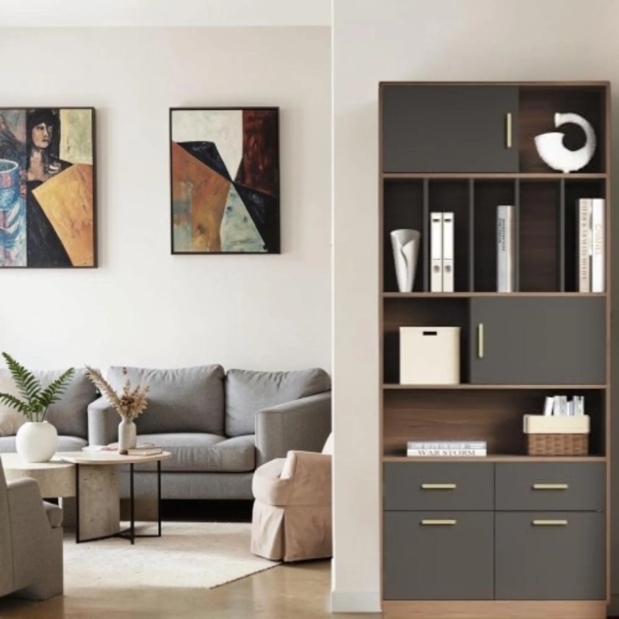 Tall Walnut Bookcase with Drawers, Doors, File Storage, Modern Office Cabinet Organizer