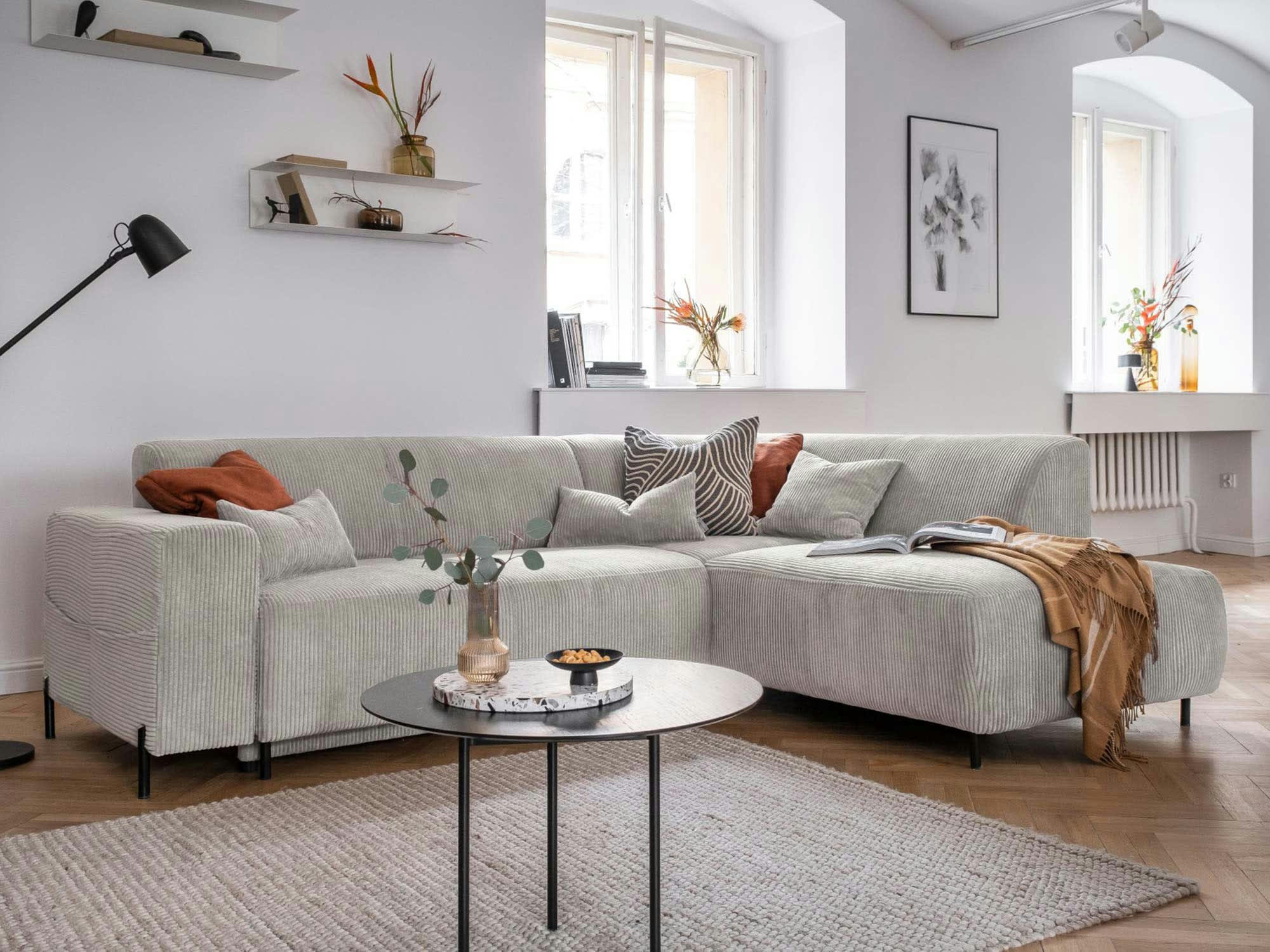 CUDDLY - Canapé d'angle droit convertible 5 places en velours côtelé beige