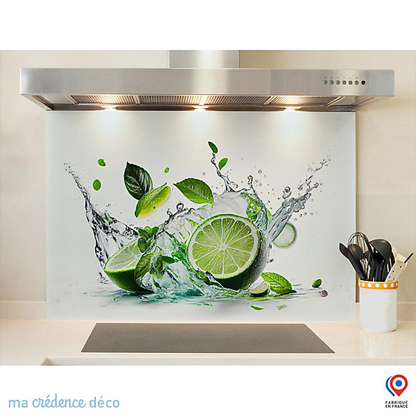 Crédence cuisine fond de hotte Citrons verts et menthe - Verre trempé - L 90 cm x H 70 cm - MaCrédenceDéco