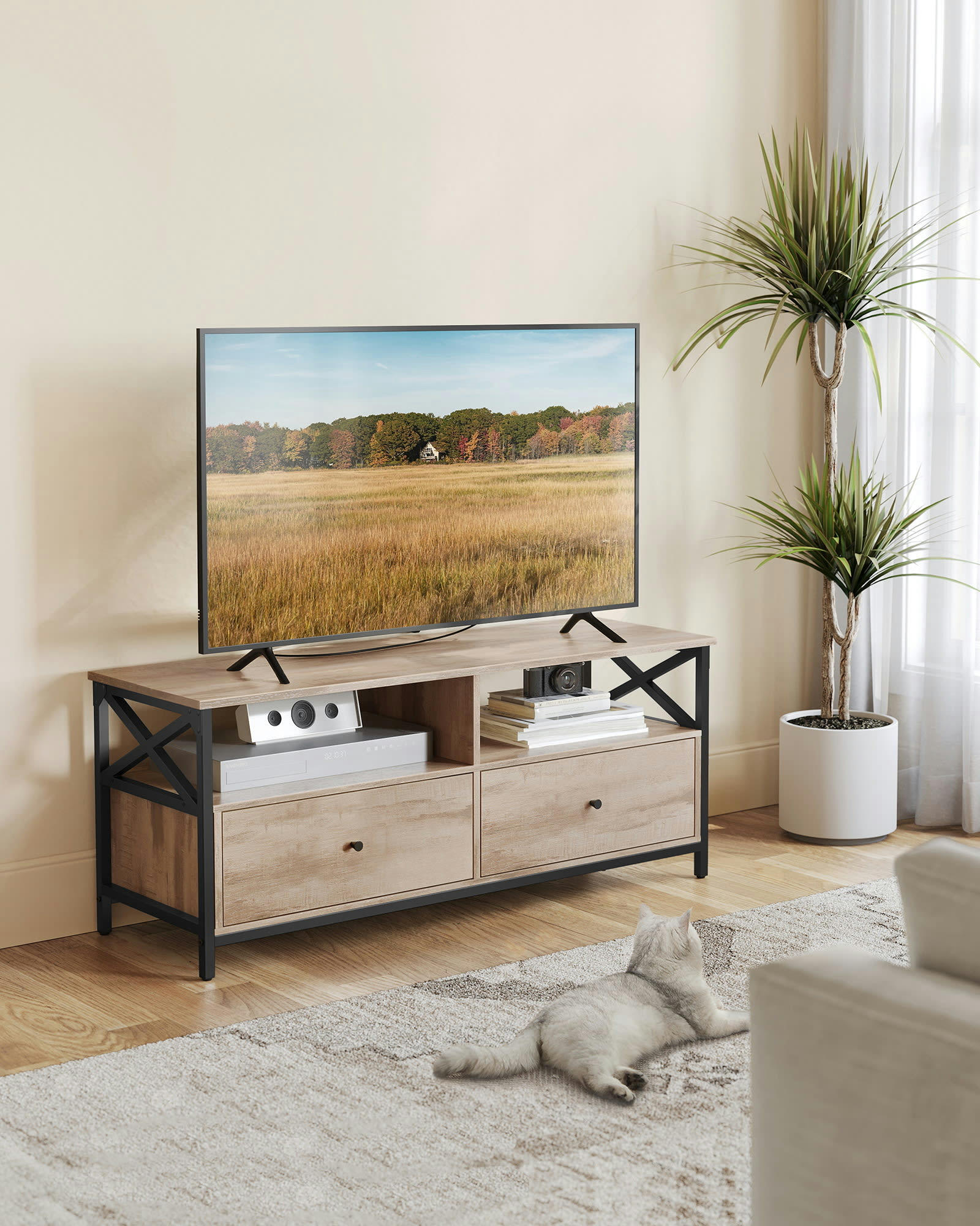 - Meuble TV 2 tiroirs effet bois marron chêne