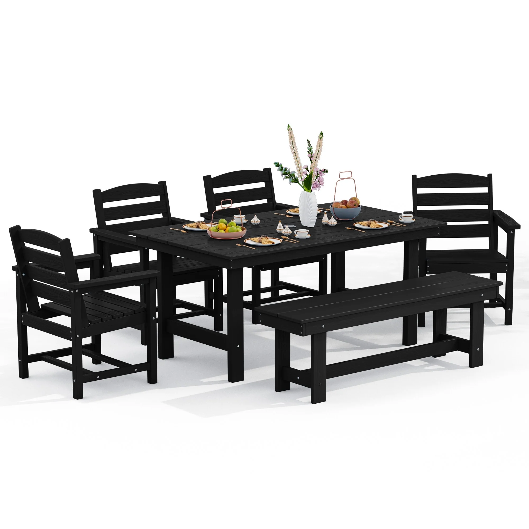 6-Piece HDPE Outdoor Dining Table Sets with Umbrella Hole - 1-Table 4-Chairs-1-Bench