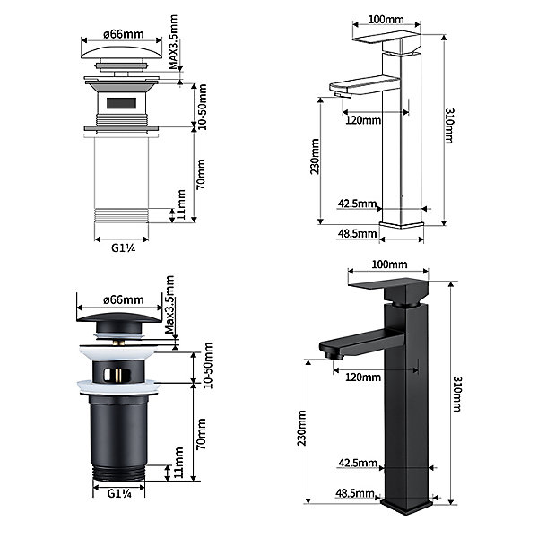 Homelody Robinet Lavabo Haut Noir   Vidage Pop-Up Automatique, Ensemble Robinetterie Moderne