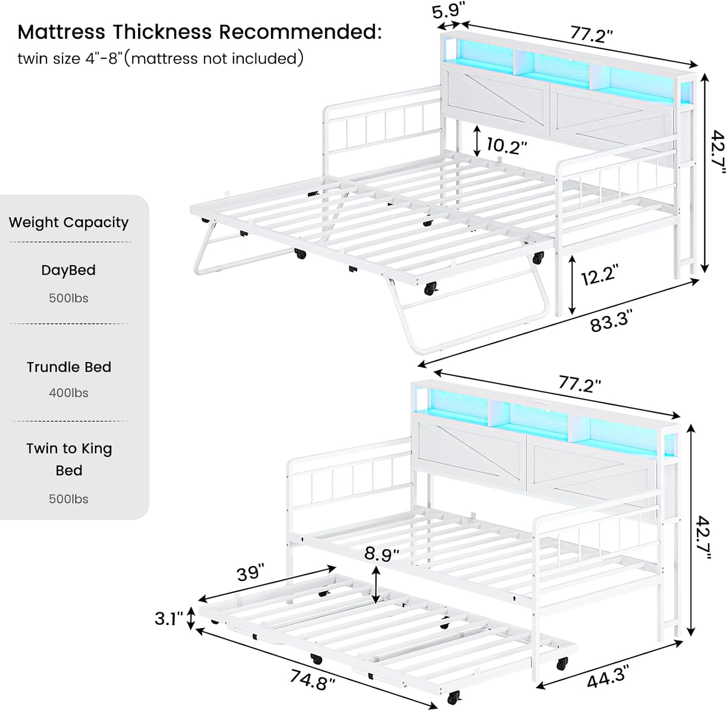 VIAGDO Day Bed with Trundle Bed Twin, Wood Day Bed with Hidden Storage Headboard, Farmhouse Daybed with Charging Station and LED Lights, Twin to King Daybed for Living Room, Guest Room, White