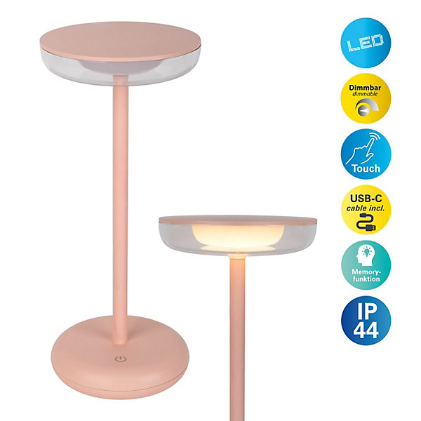 Lampe de table à accu PASI intérieur extérieur métal plastique rose intensité variable tactile fonction mémoire hauteur 26cm