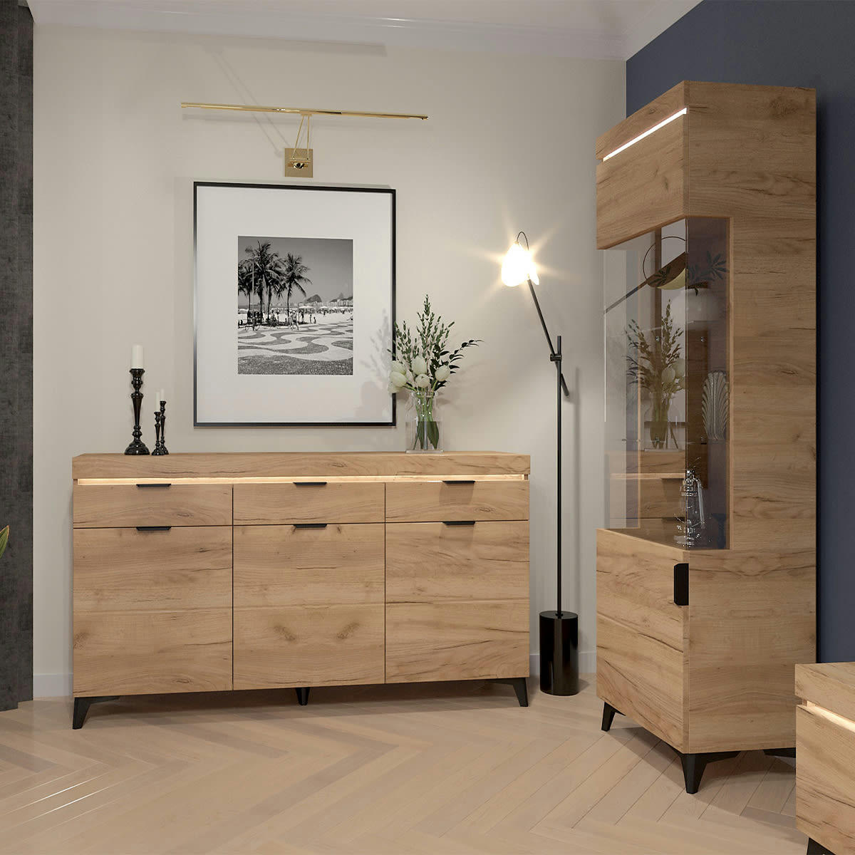 - Vitrine 1 porte LED inclus stratifiés naturel