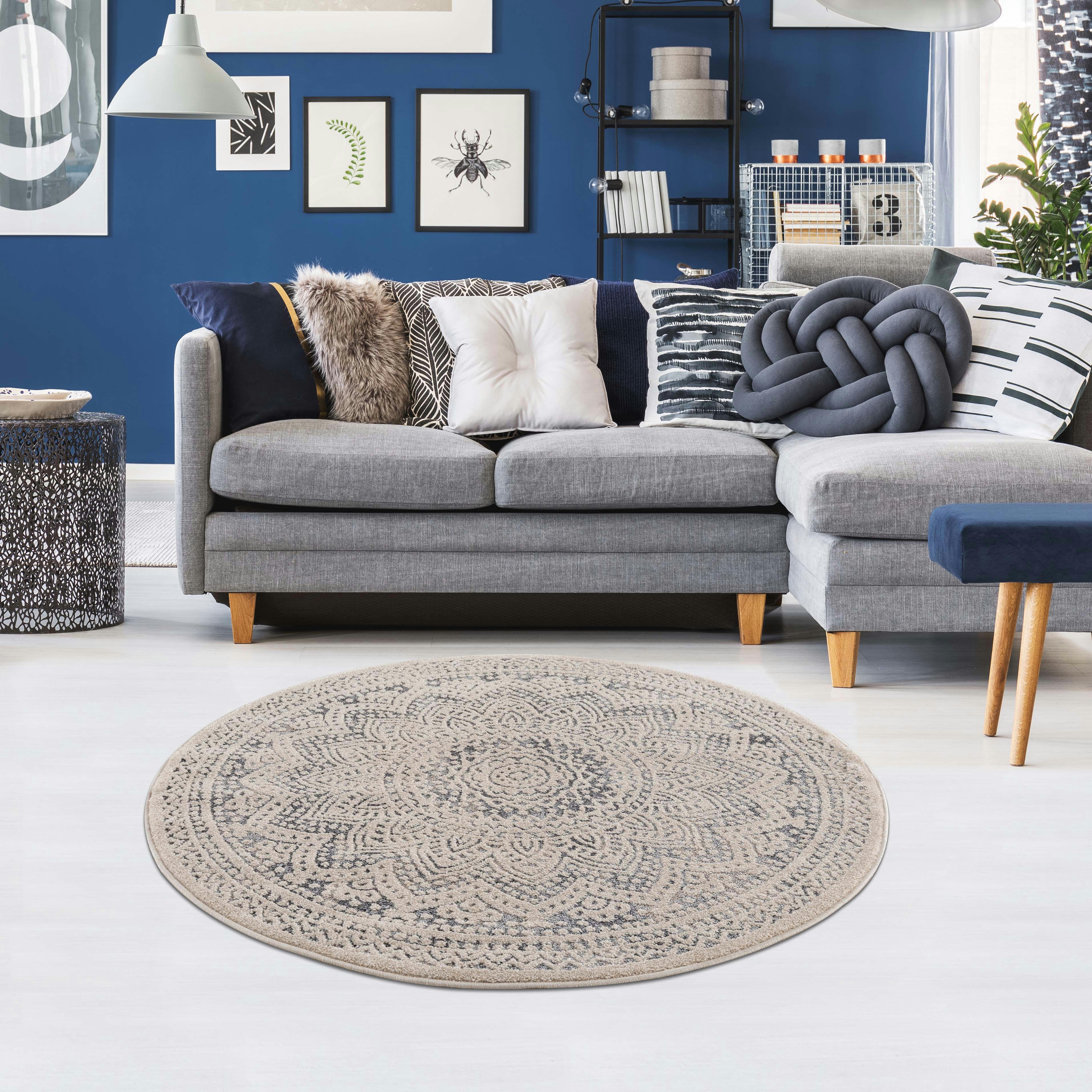 FLÄT - Tapis rond scandinave tressées crème et gris 120x120cm