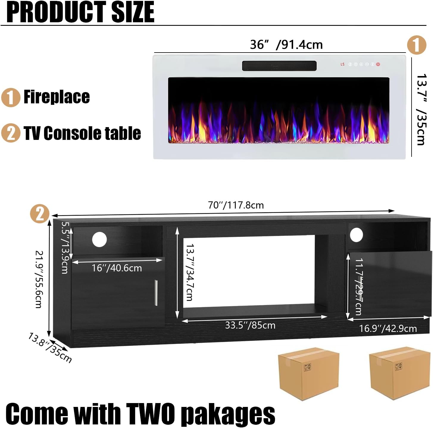 VITESSE TV Stand Fireplace with 36 inch Electric Fireplace Up to 80 TVs, LED Light Entertainment Center, 70 Modern Wood High Gloss with Highlight Storage Cabinet for Living Room (Black)