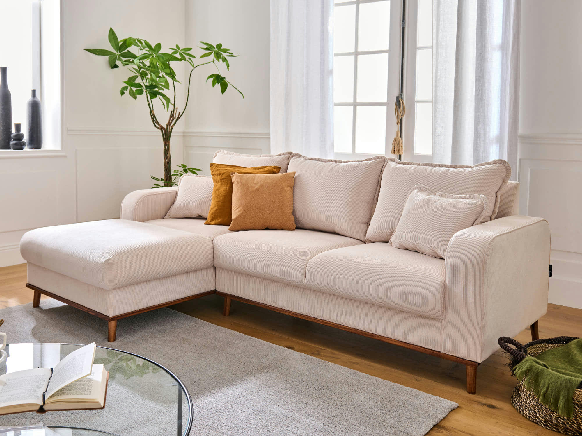 BILLIE - Canapé d'angle gauche 4 places en velours côtelé beige