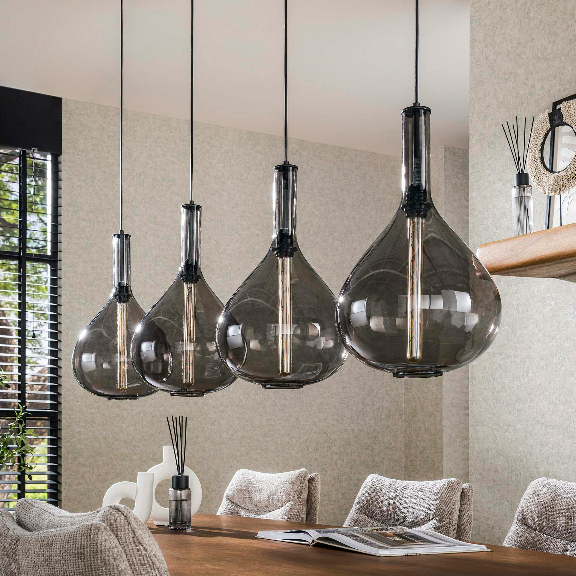 Suspension en verre fumé forme goutte 4 lampes NOVA