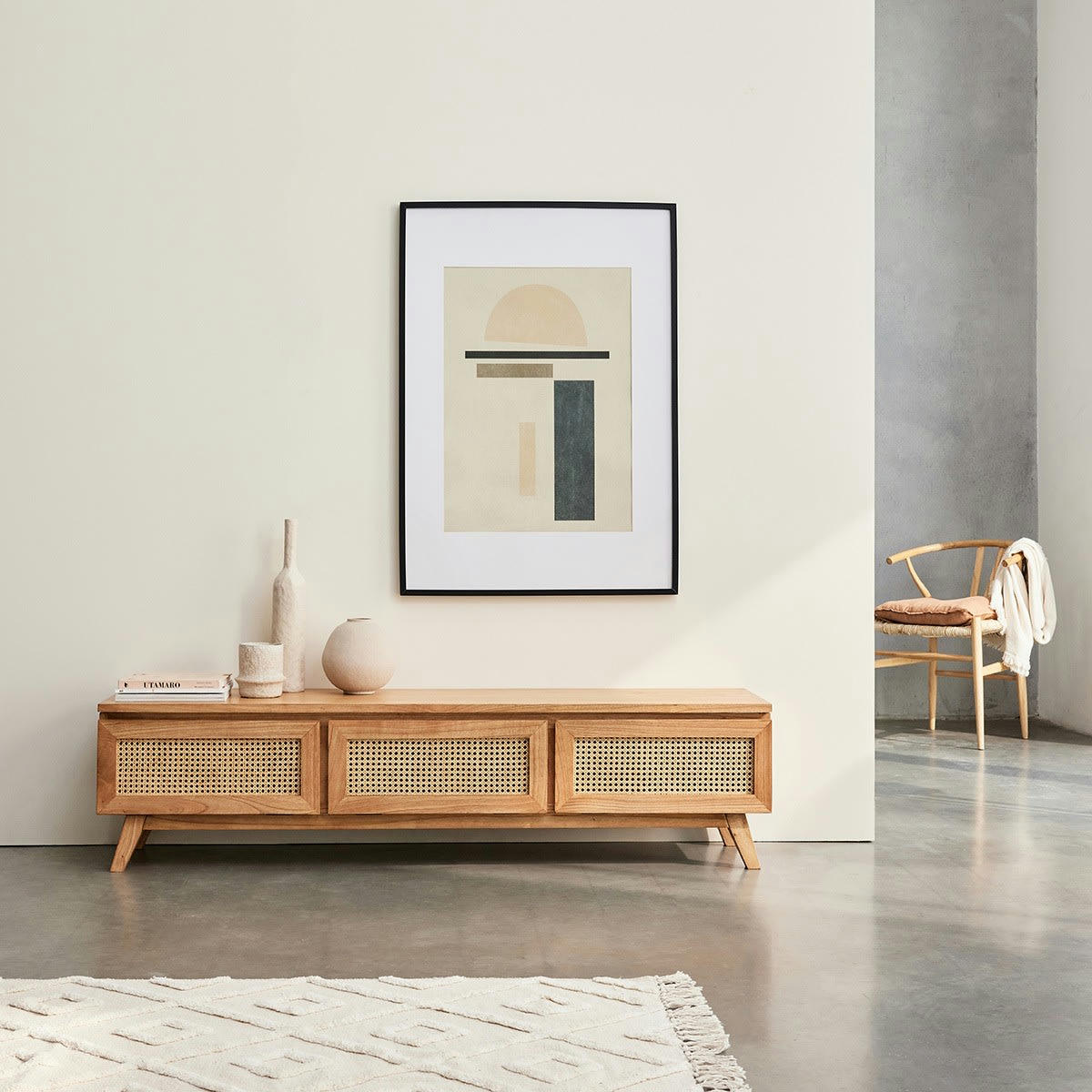 ISÉE - Meuble TV en mindi massif et cannage 160 cm