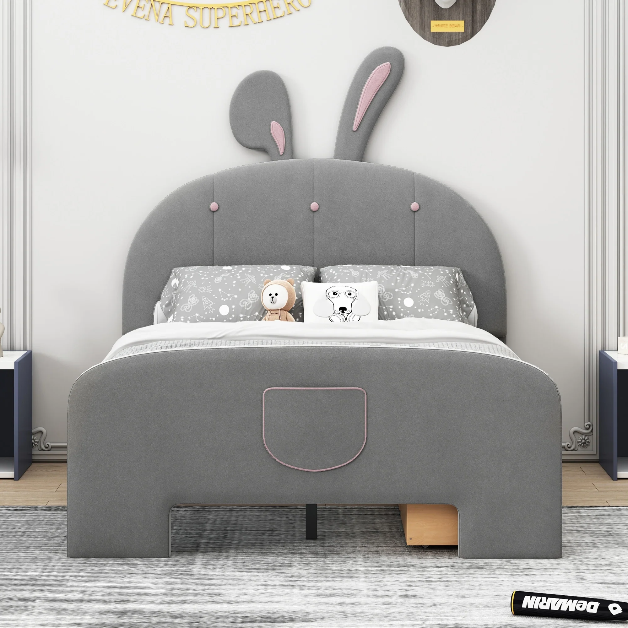 Twin Size Rabbit-Shaped Platform Bed with Under-Bed Drawers and Storage Pockets
