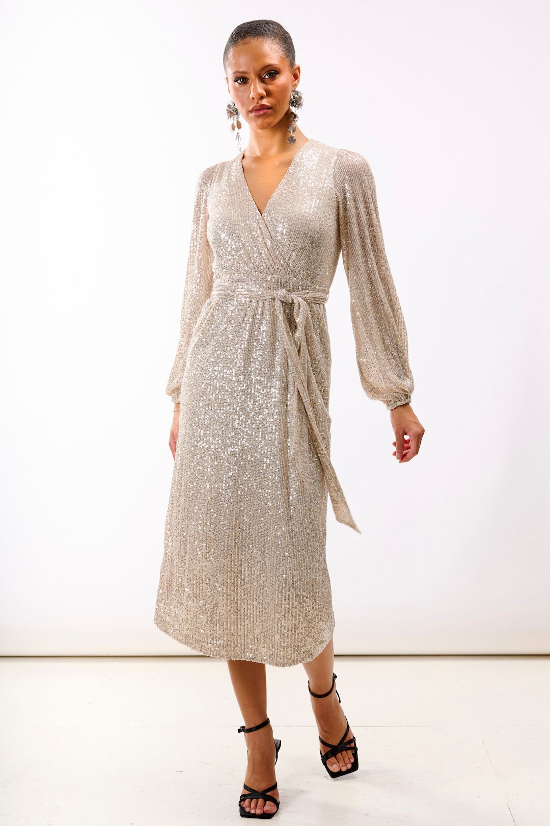 Needs No Label Cream Sequin Wrap Midi Dress