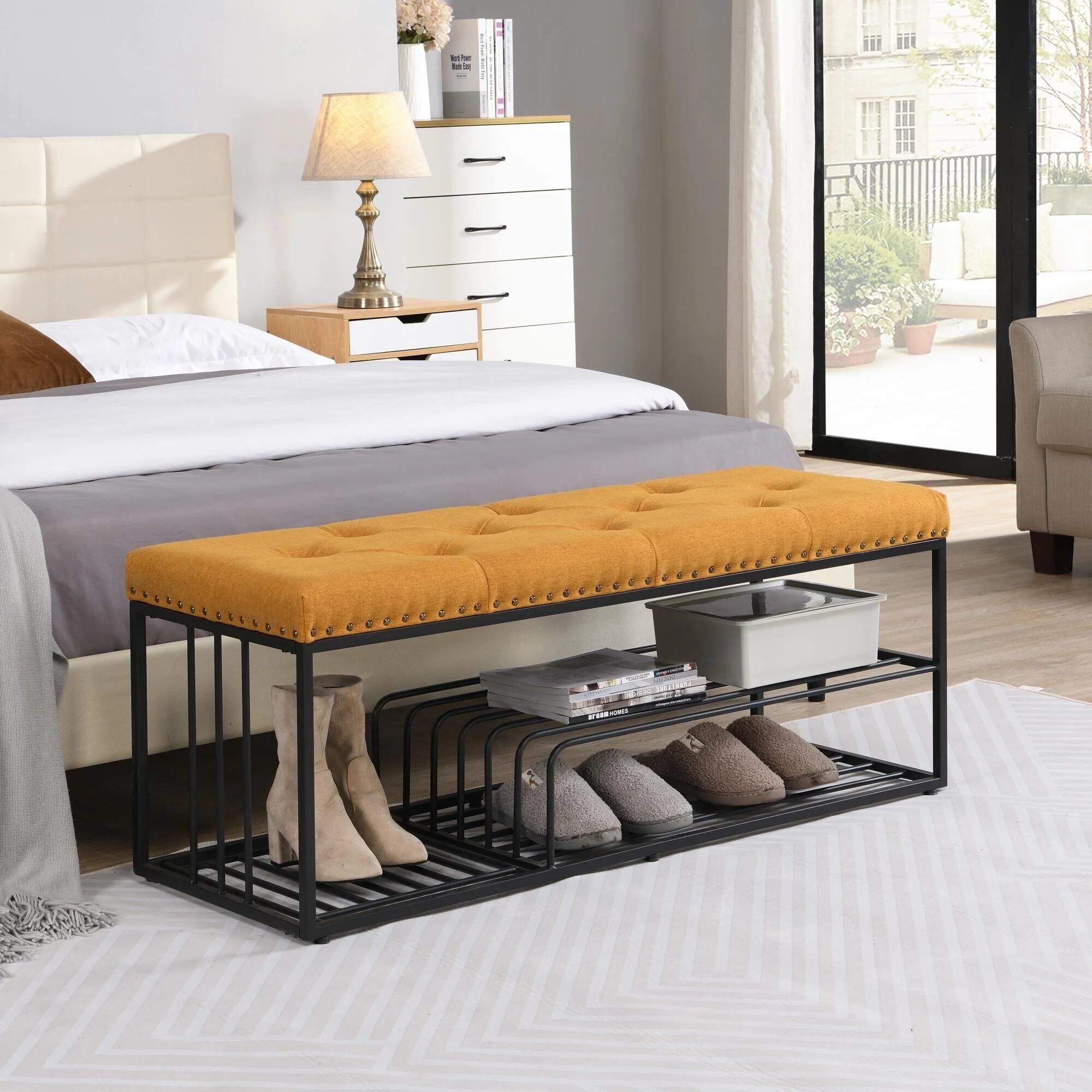 Hausfame Upholstery Shoes Bench-Entryway Shoe Storage with Tufted Padded Seat