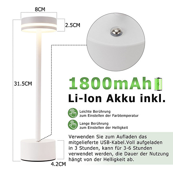 Lampe de table led nettlife à piles, sans fil, à intensité variable, rechargeable par usb-c, tactile(blanc, lot de 2)