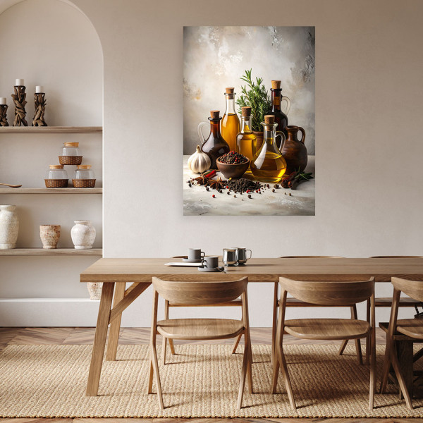 Obraz do kuchni jadalni restauracji, Oliwa z oliwek zioła przyprawy 20x30