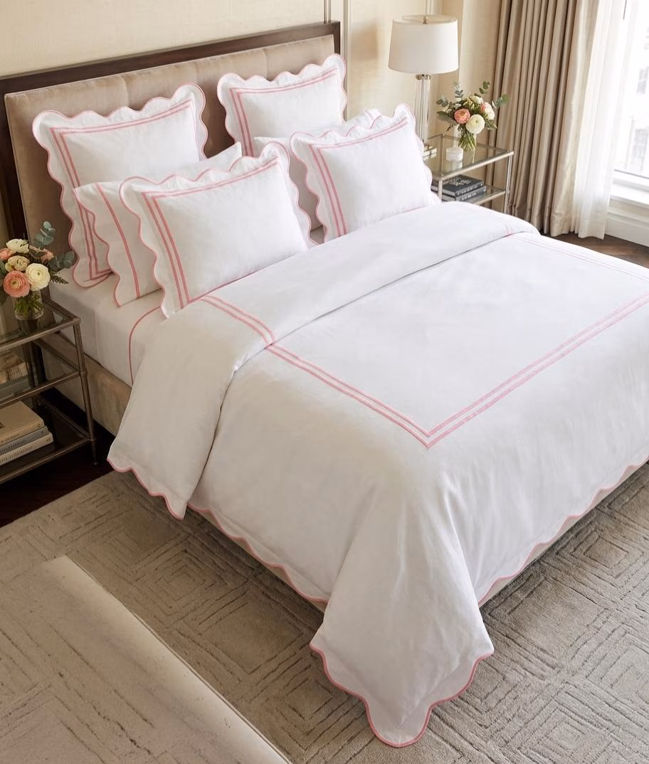 Embroidered Scalloped White Cotton Sateen Duvet Cover Set (400 Thread Count