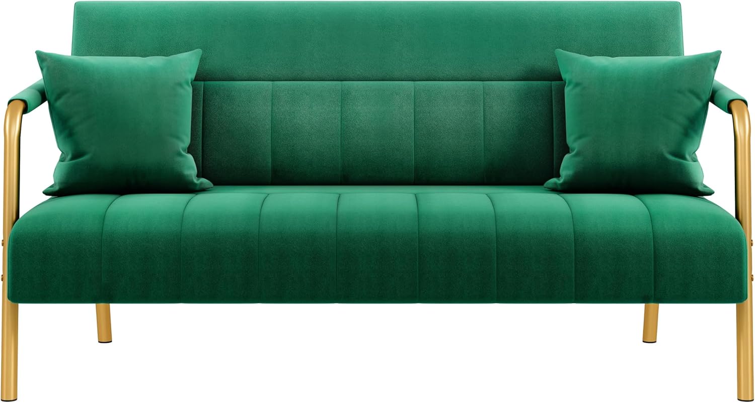 Yaheetech 56.5 W Modern Sofa Small Sofa Luxurious Velvet Fabric Couch with Gold-Tone Metal Arms and Legs for Living Room, Home Office, Studio Green