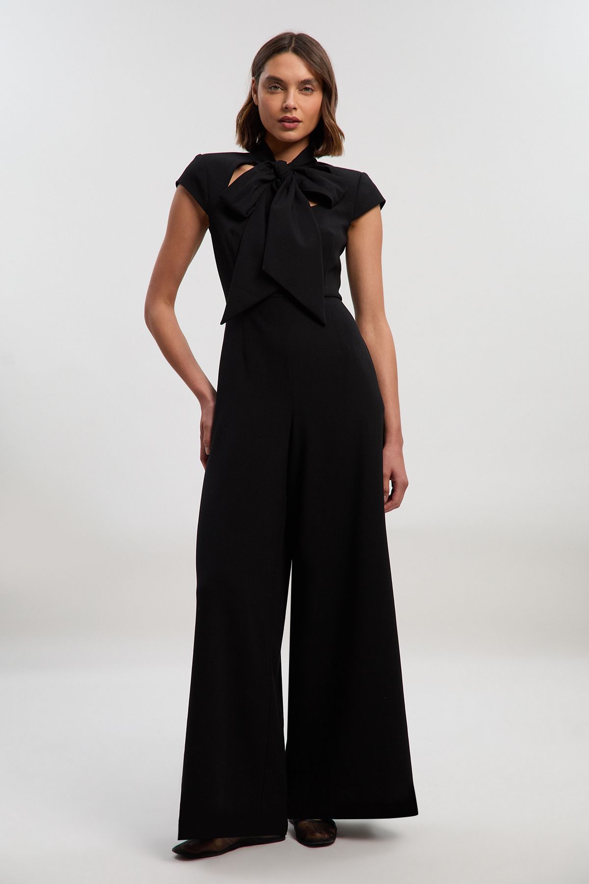 KarenMillen Compact Stretch Bow Tie Neck Tailored Wide Leg Jumpsuit