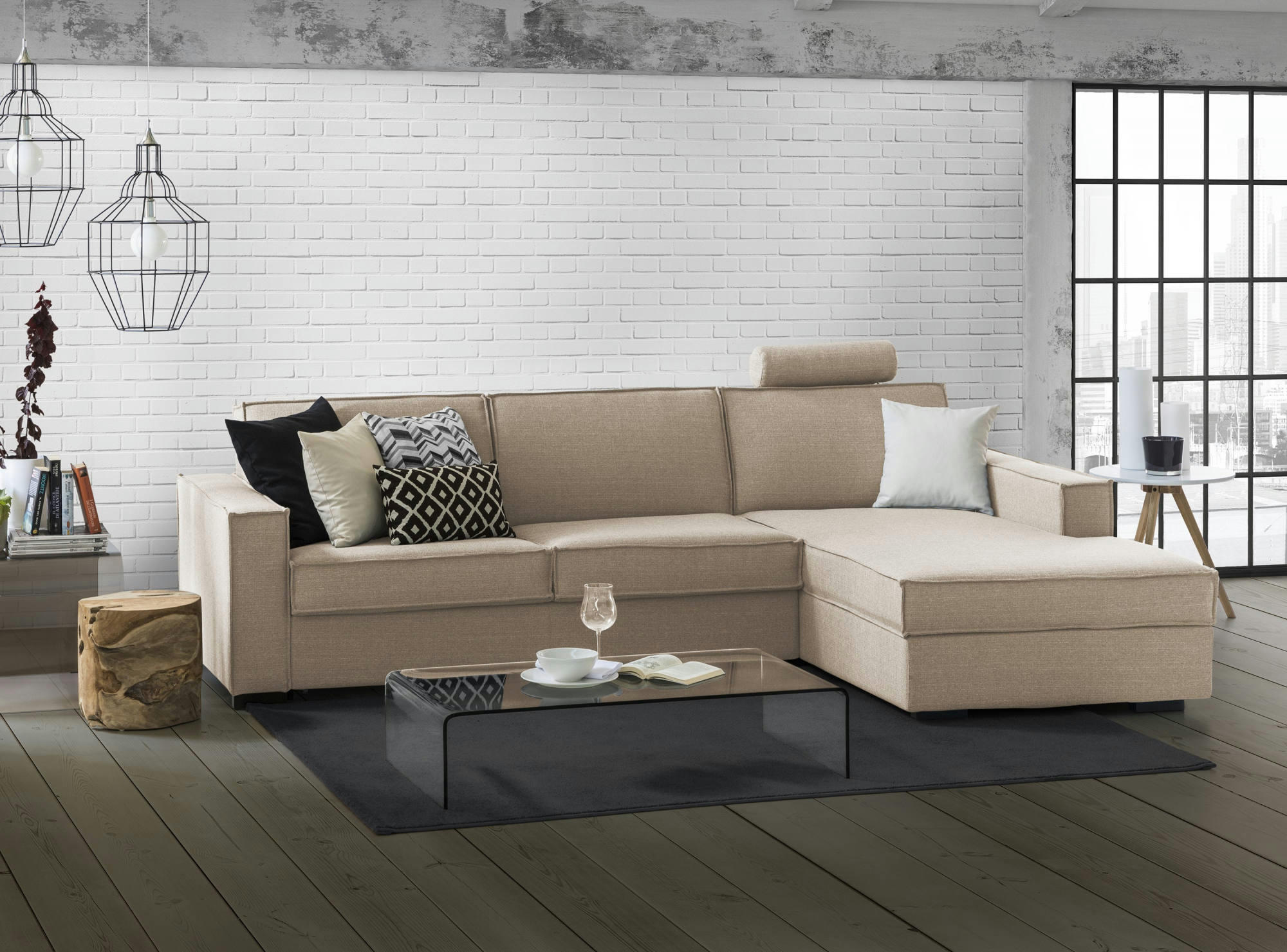 DGODEA - Canapé d'angle fixe 3 places en tissu beige