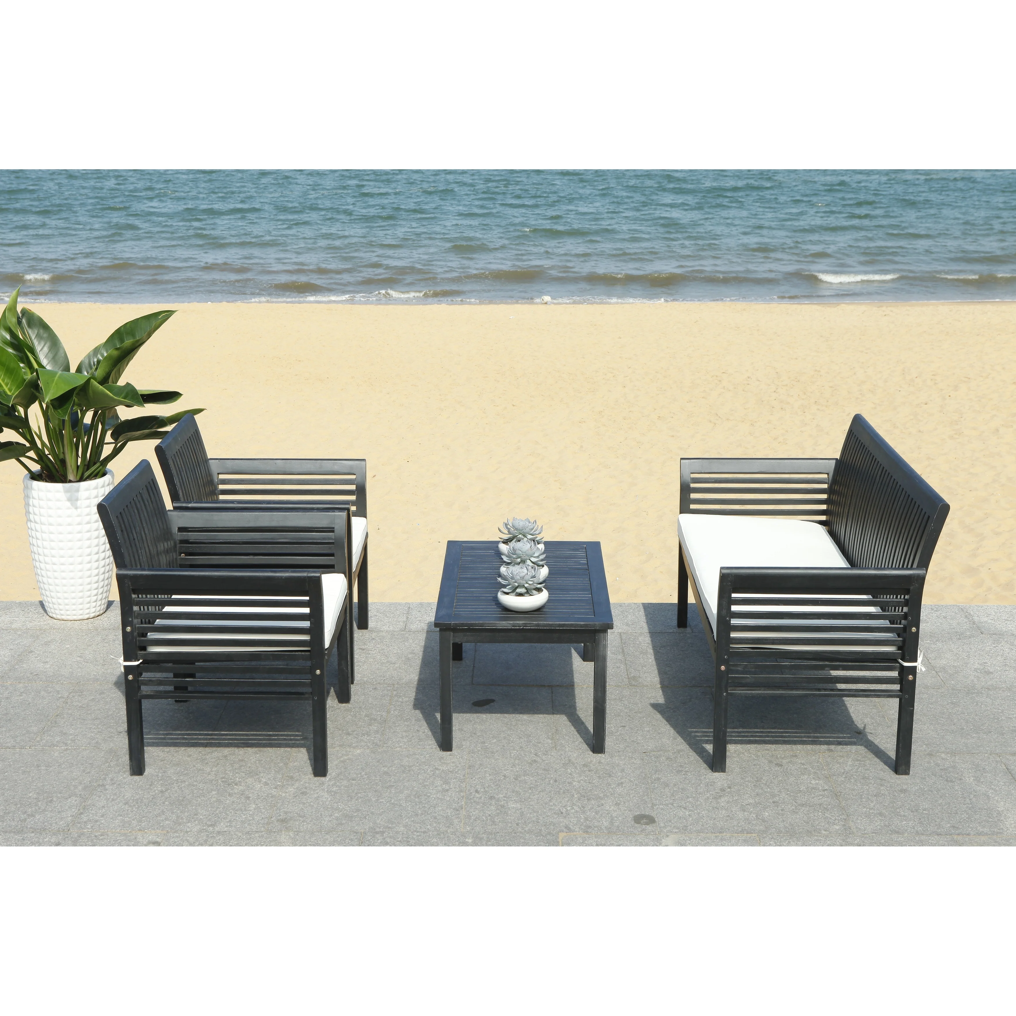 SAFAVIEH Carson Outdoor Acacia Solid Wood 4-Piece Conversation Patio Set - 50W x 24D x 30H