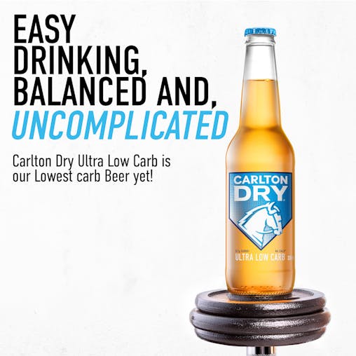 Carlton Dry, Ultra Low Carb & Full Strength Beer, Crisp & Refreshing Finish, Classic Australian Lager, 4.2% ABV, 330mL (Case of 24 Bottles)