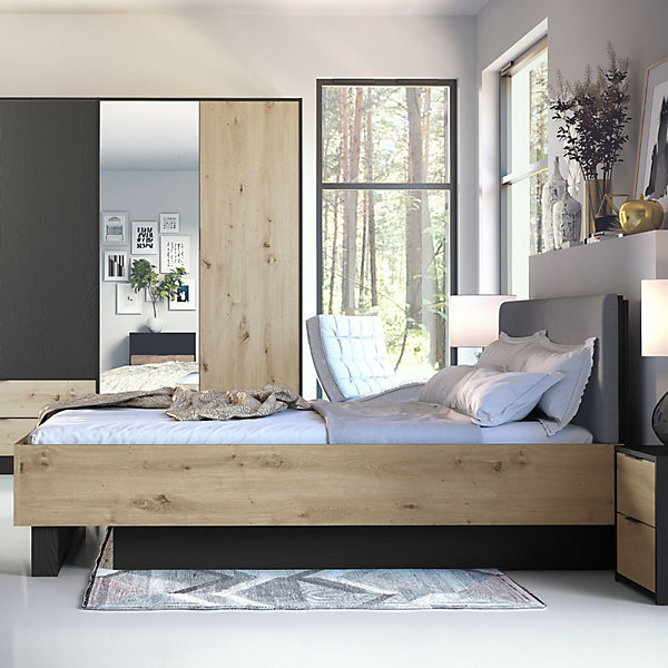 Lit MELODY 160x200 cmTete de lit rembourréeNoir graphite et chene clairSommier et matelas non inclus