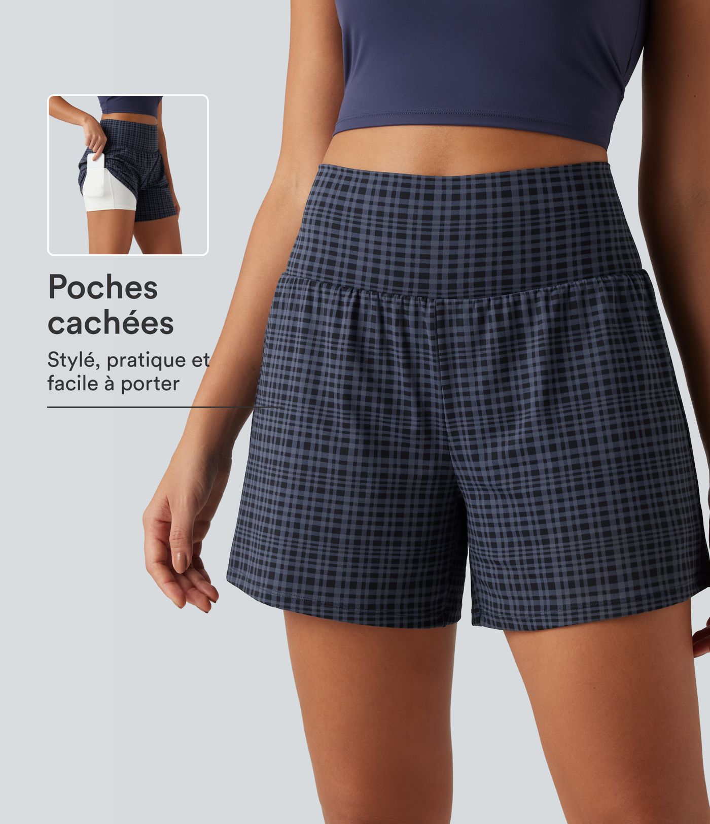 Short de yoga 13 cm 2-en-1 taille haute à carreaux avec poches