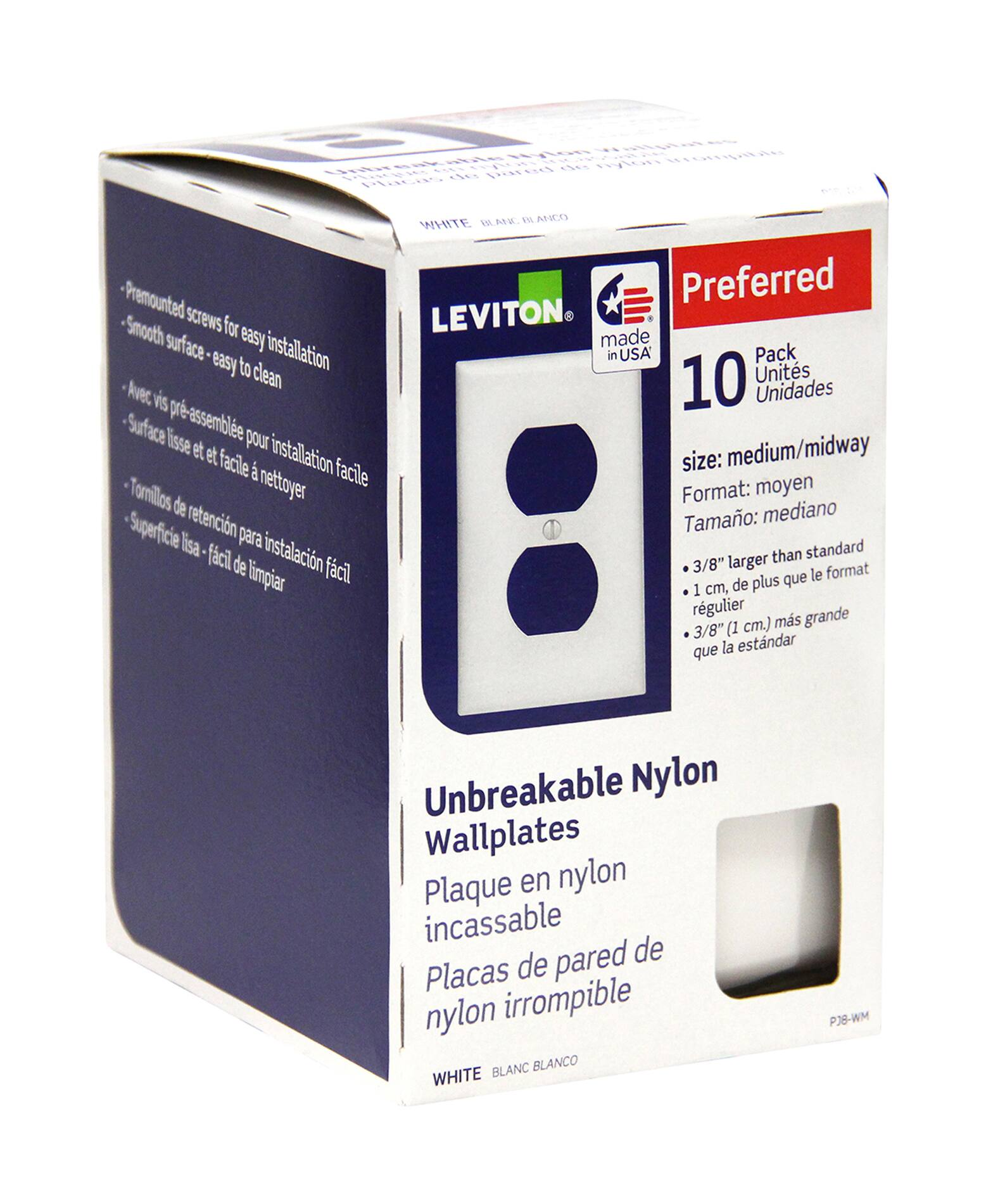 Leviton 00PJ8-755 Midway Nylon Duplex Receptacle Wallplate, 1 Gang, White, 10-pk