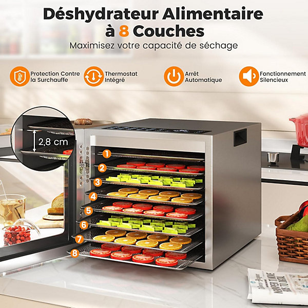 Deshydrateur Alimentaire 850W avec 8 Plateaux en Acier Inoxydable, Circulation d'Air, Fonctionnement Silencieux pour Fruits