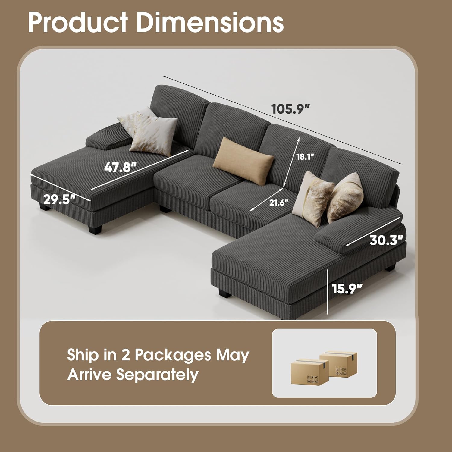 Furmax Sectional Couches for Living Room, U-Shaped Sofa Couch with Linen Fabric, 4 Seat Sofa Set with Double Chaise for Apartment (Corduroy, Dark Grey)