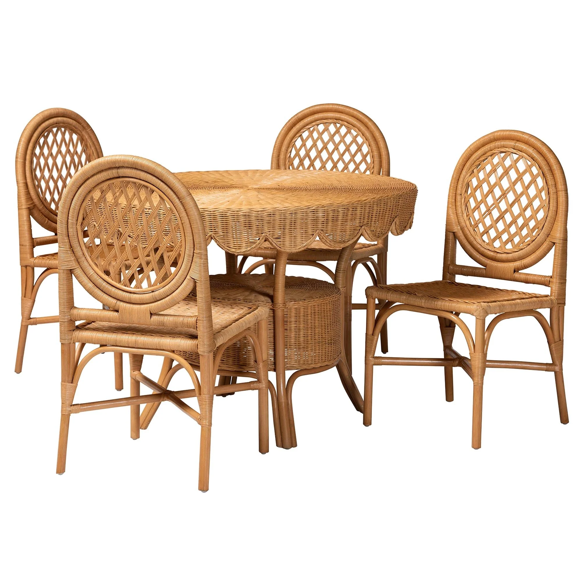 Troy 5-Piece Rattan Dining Set - Round Wicker Table with Scallop Edge and 4 Chairs, Handwoven Boho Coastal Style, Light Honey