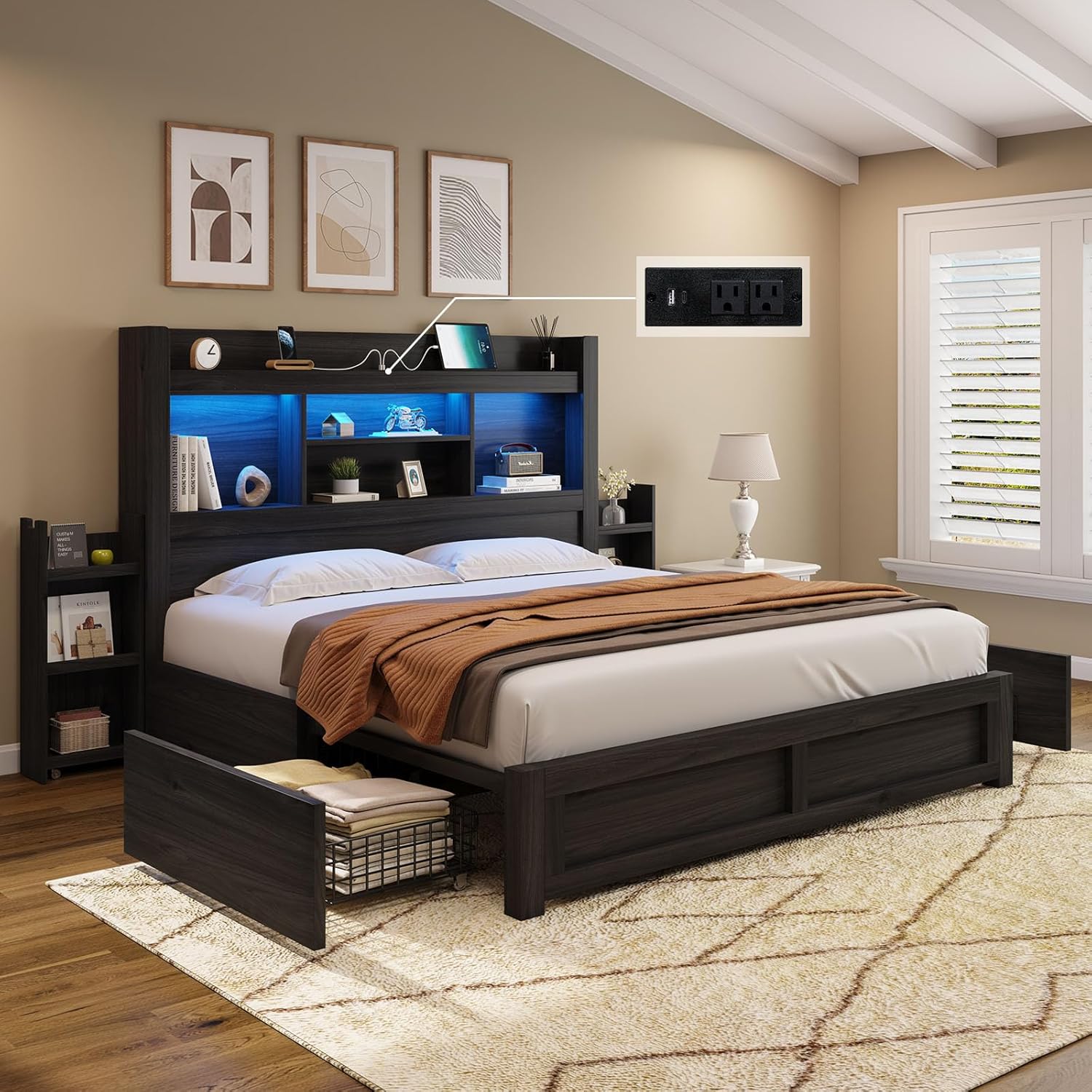 AMERLIFE Queen Bed Frame with 4 Storage Drawers, LED Bed Frame with 49.6 Tall Bookcase Headboard, Wood Platform Bed with Charging Station & 2 Slide Bedside Shelf, No Box Spring Needed/Black