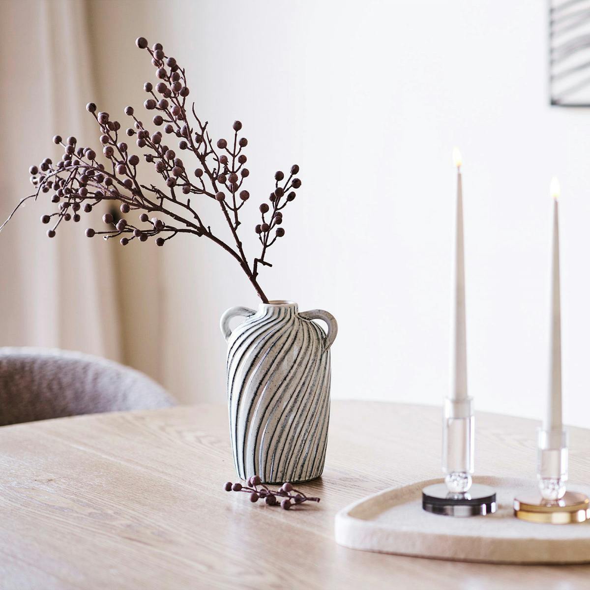 Vase déco beige bleu en céramique à petites anses