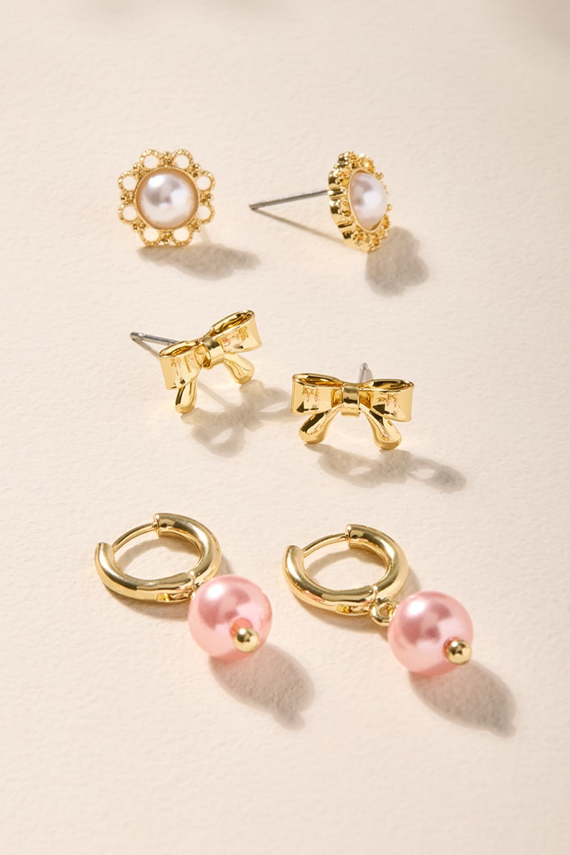 Zoey Pearl and Bow Stud Earrings Set