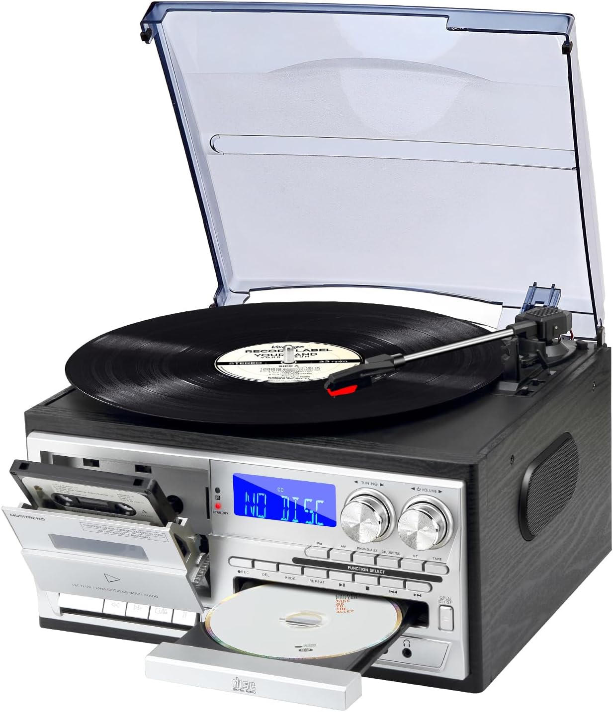 9 in 1 Record Player with External Speakers 3 Speed Bluetooth Turntable Vinyl Player with CD/Cassette Play AM/FM Radio  USB SD/MMC Play  Aux-in/RCA Line Out