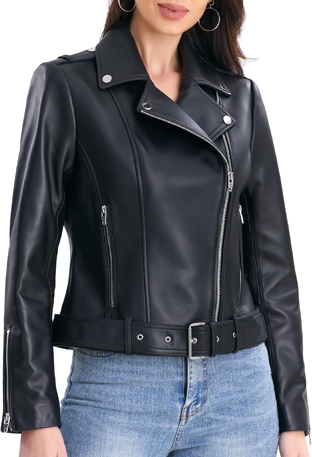 SILVER FASHIONS Lambskin Leather Jacket Women,Motorcycle Jacket,Classic Asymmetrical Zip Style,Buckle Belts,Multiple Pockets