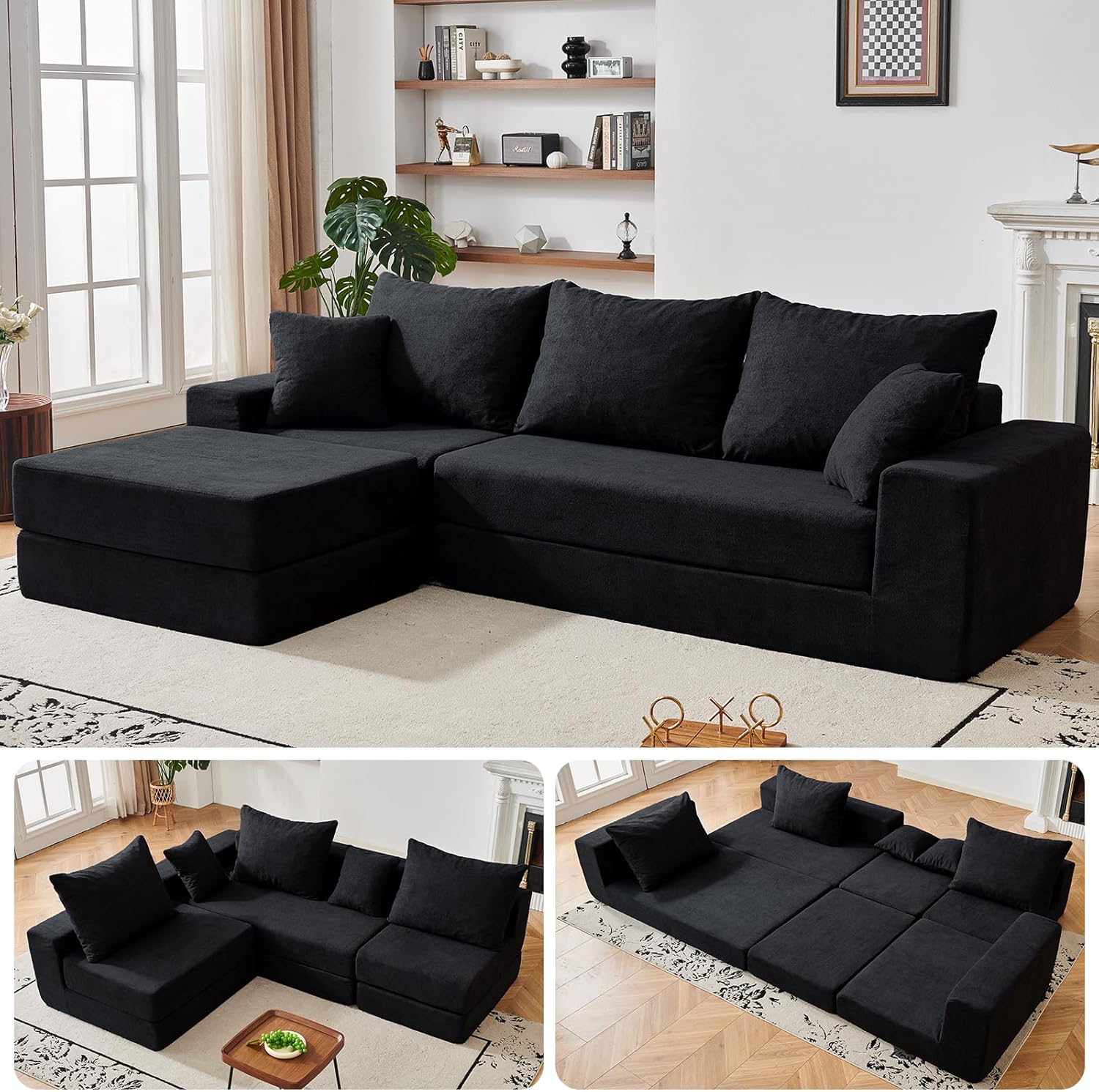 108'' Modular Sectional Couch, Modern 3-Seater Boneless Cloud Sleeper Sofa, L-Shaped Convertible Sectional with Non-Slip Bottom, No Assembly Required, Black