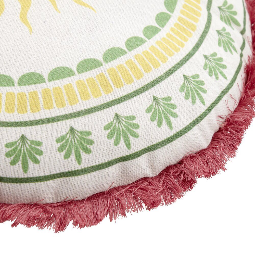 Coussin rond lin motif estival bord à franges Ø40cm (2 modèles soleil ou palmier)