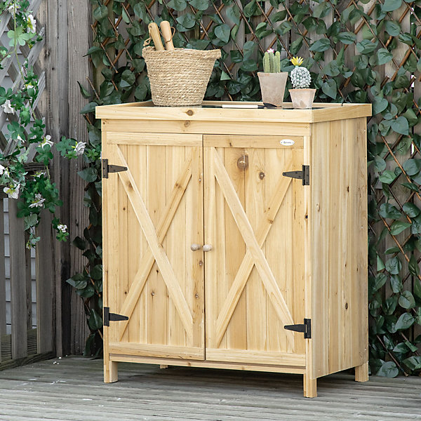 Armoire de jardin table de rempotage 2 en 1 - 2 portes, étagère - plateau métal galvanisé bois pré-huilé