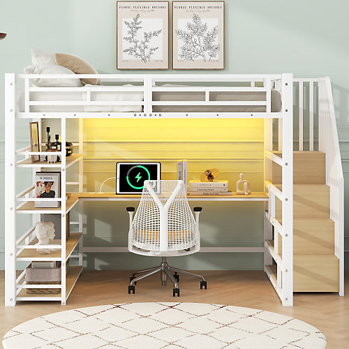 Lit mezzanine en métal 140x200cm - Avec bureau et compartiments de rangement - Avec LED et port USB - MDF - Blanc (sans matelas)