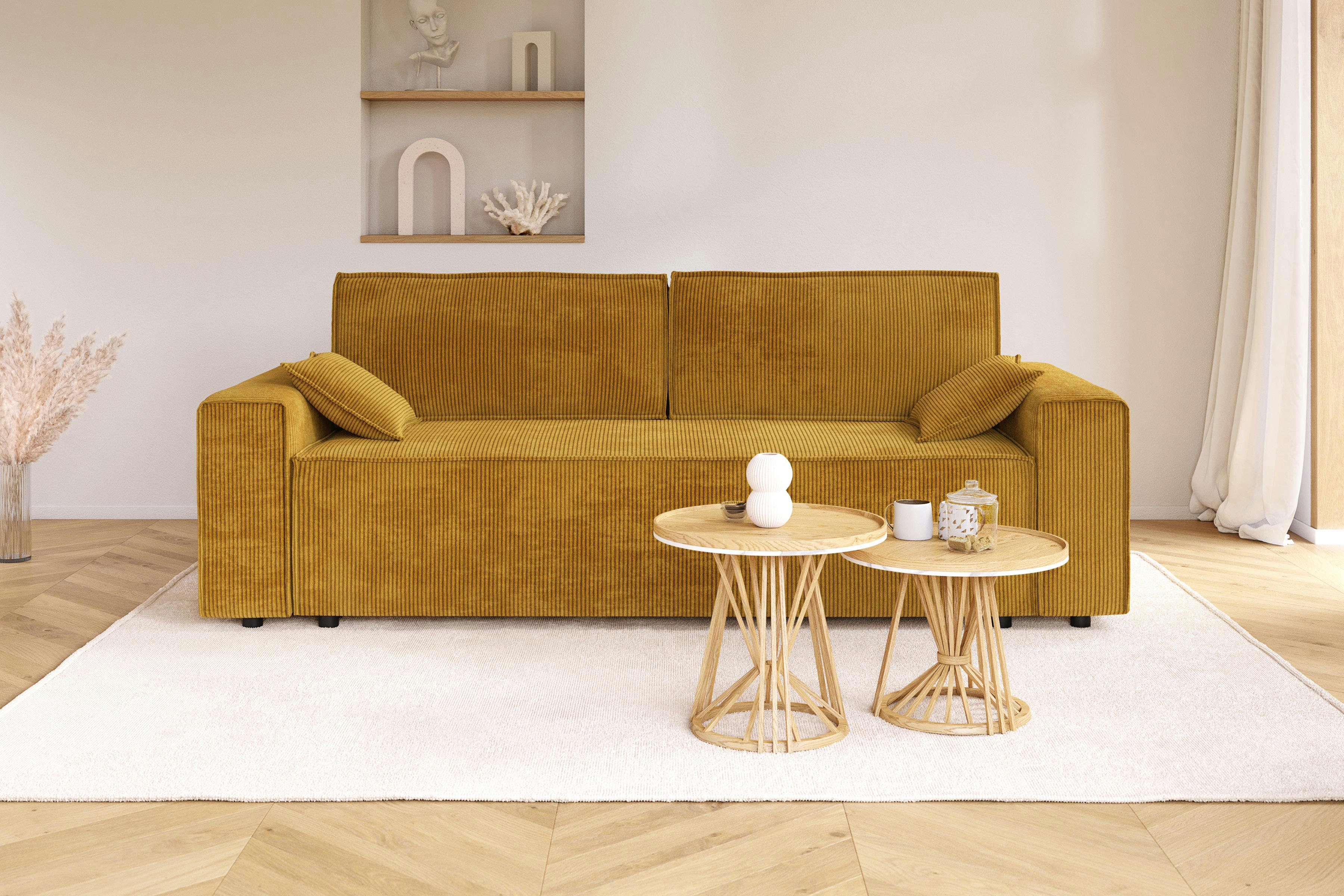 MARIUS - Canapé droit convertible en velours côtelé 3 places moutarde