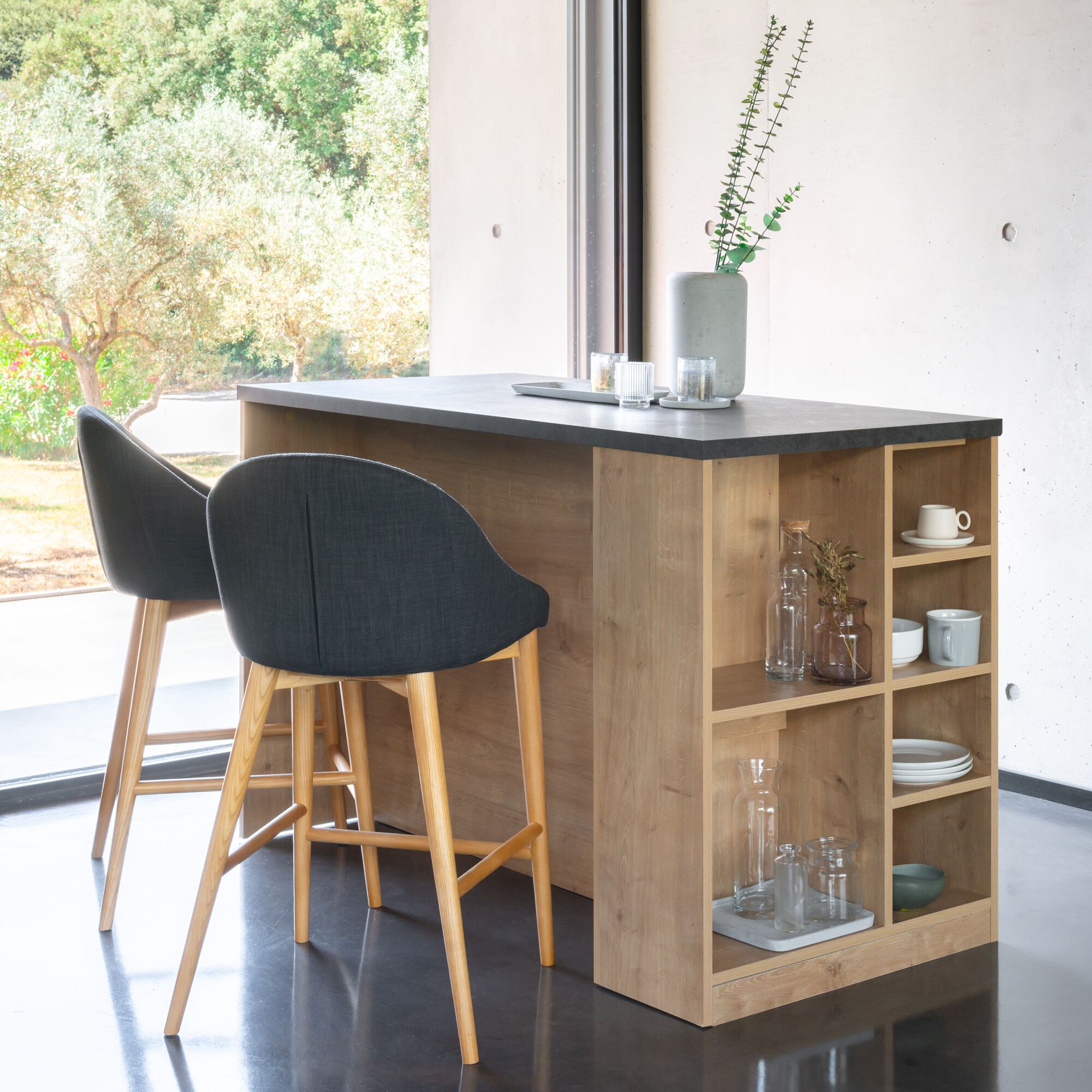 ABBY - Chaise de bar en tissu gris foncé pieds bois - H66cm