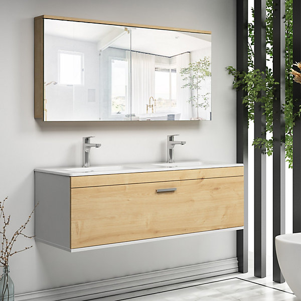 Meuble salle de bain double vasque RUBITE 1 tiroir Chêne L. 120 cm   miroir armoire - Saniverre