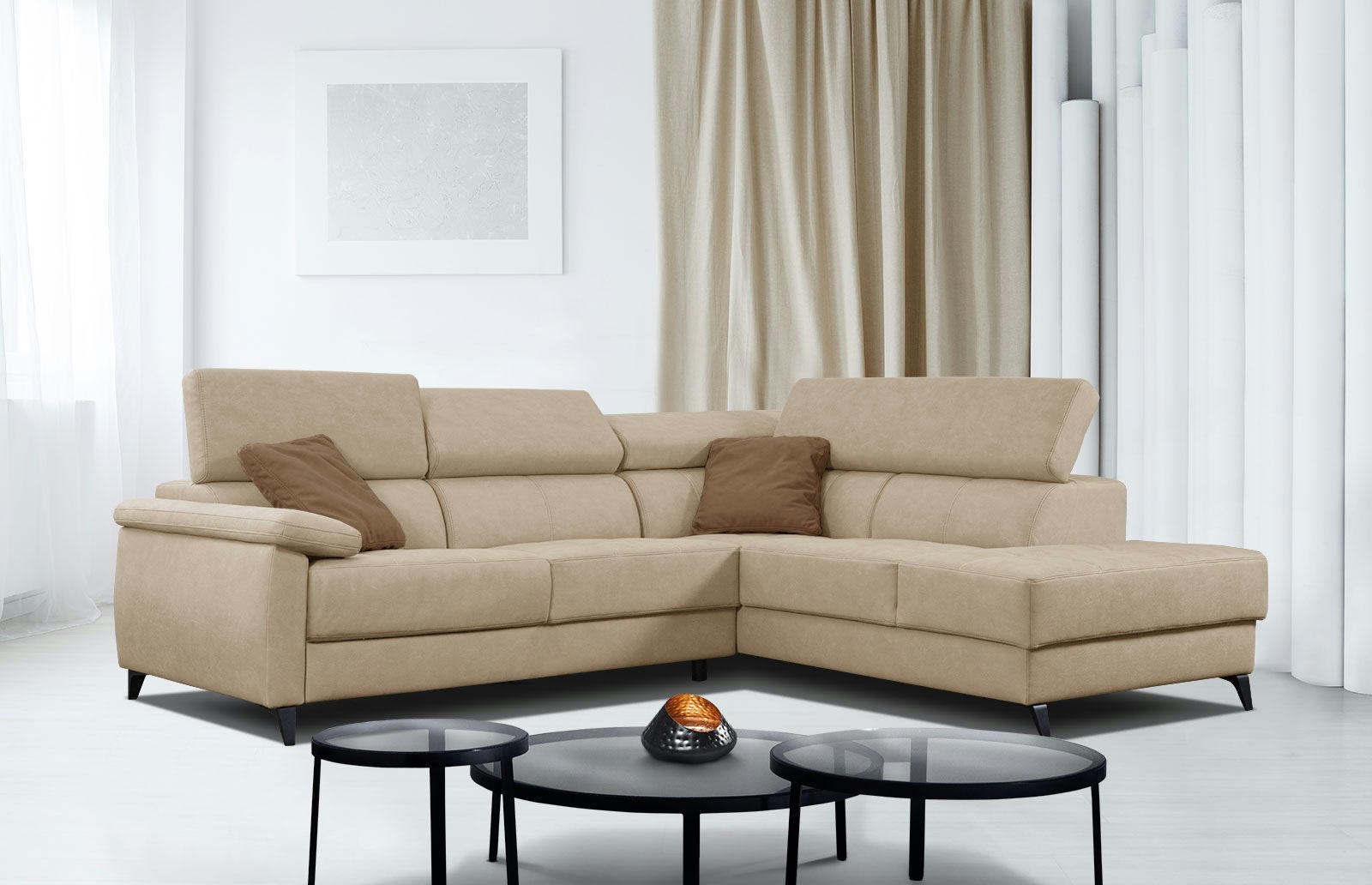 TAUNUS - Canapé d'angle droit 5 places écru