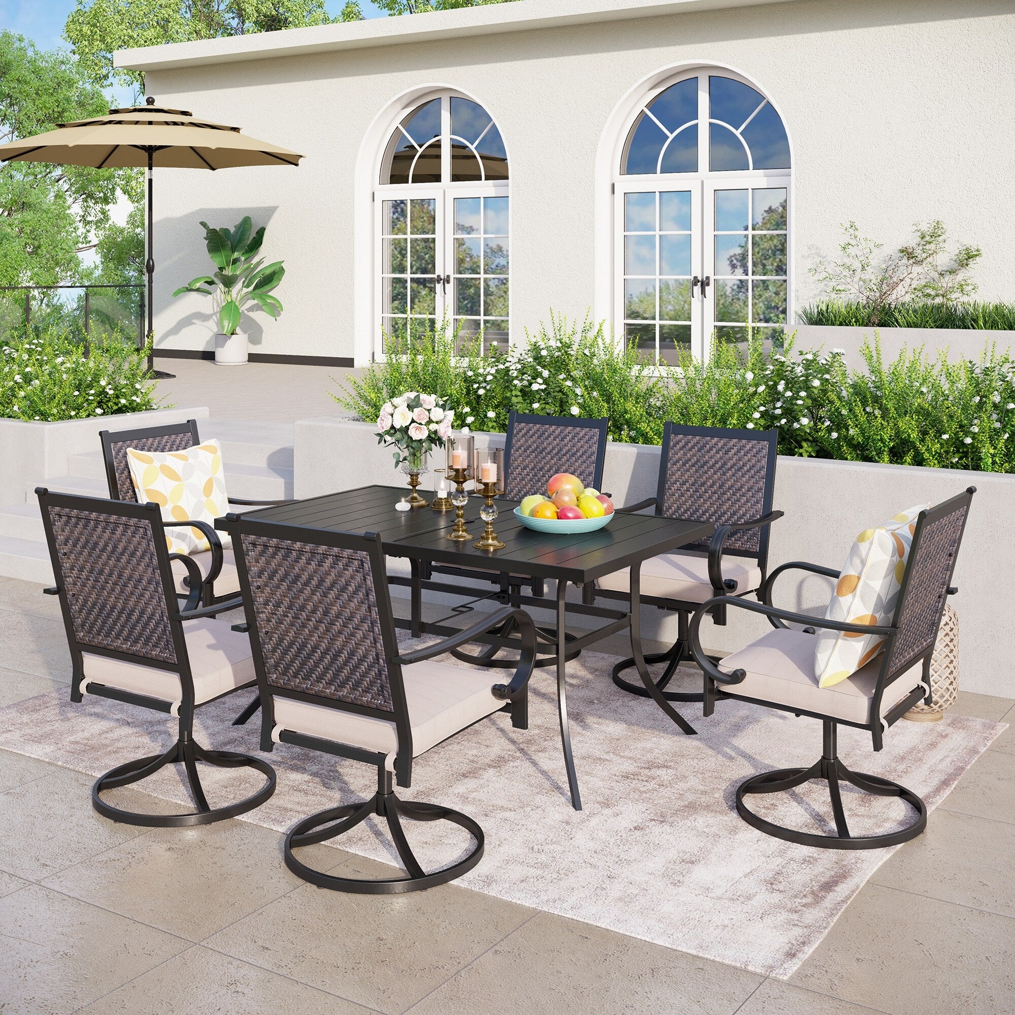 MAISON ARTS 5/7-piece Patio Dining Set, 4/6 Rattan Swivel Chairs with Cushion and 1 Metal Table with Umbrella Hole