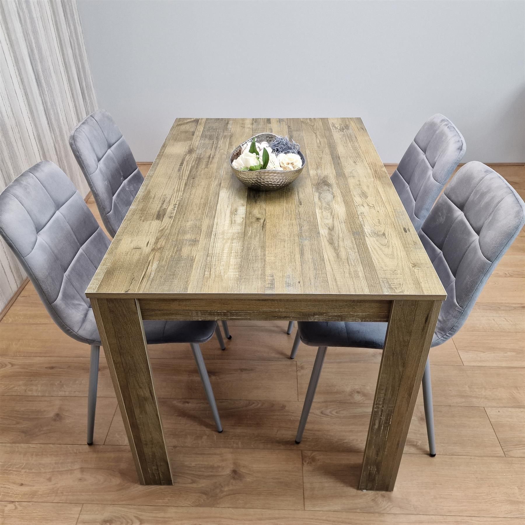 KOSY KOALA Dining Table and 4 Chairs Set - Rustic Effect Wood Table With 4 Grey Velvet Chairs Dining Set