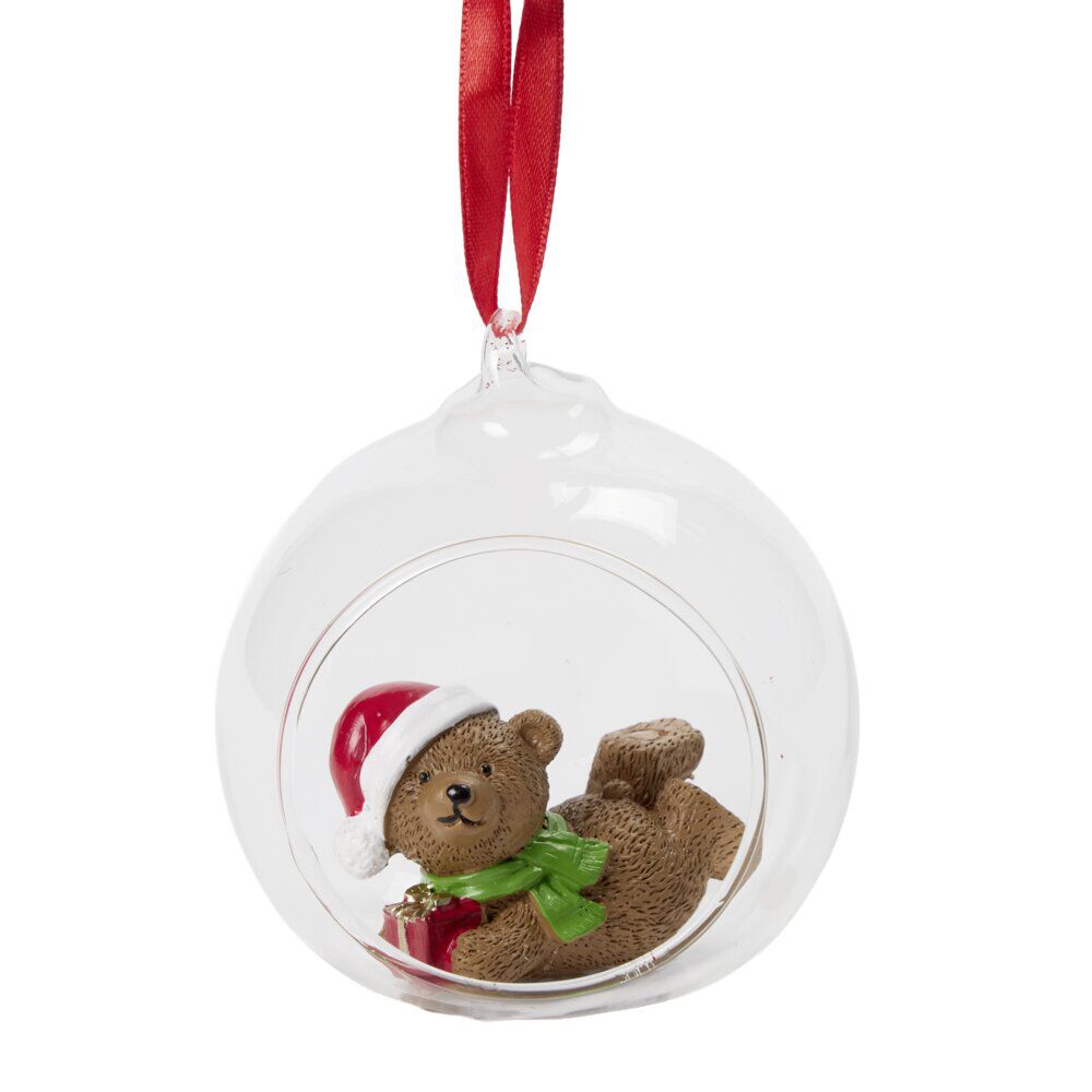 Boule de No&euml;l ouverte avec ours Ø9cm transparent (2 modèles)